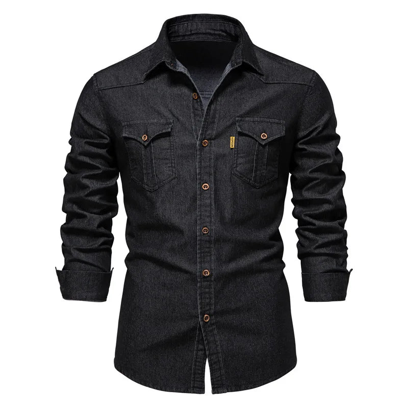 Men's casual solid - color long - sleeve denim shirt, a fashionable and versatile breathable cotton coat.