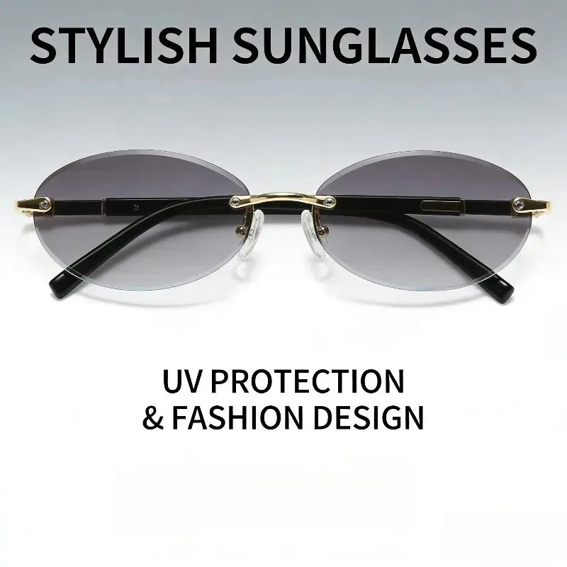 Popular Fashion Women Men Shades Oval Sun Glasses for Female Male Traveling Rimless Sunglasses Lentes De Sol Hombre Óculos