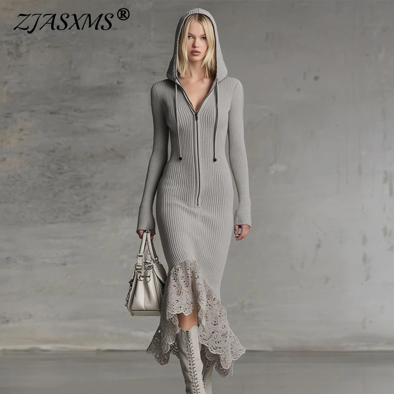 Fashion Zipper Hooded Pullovers Dress Woman Sexy Patchwork Lace Mermaid Long Dress Autumn Long Sleeve Slim Irregular Dress Mujer