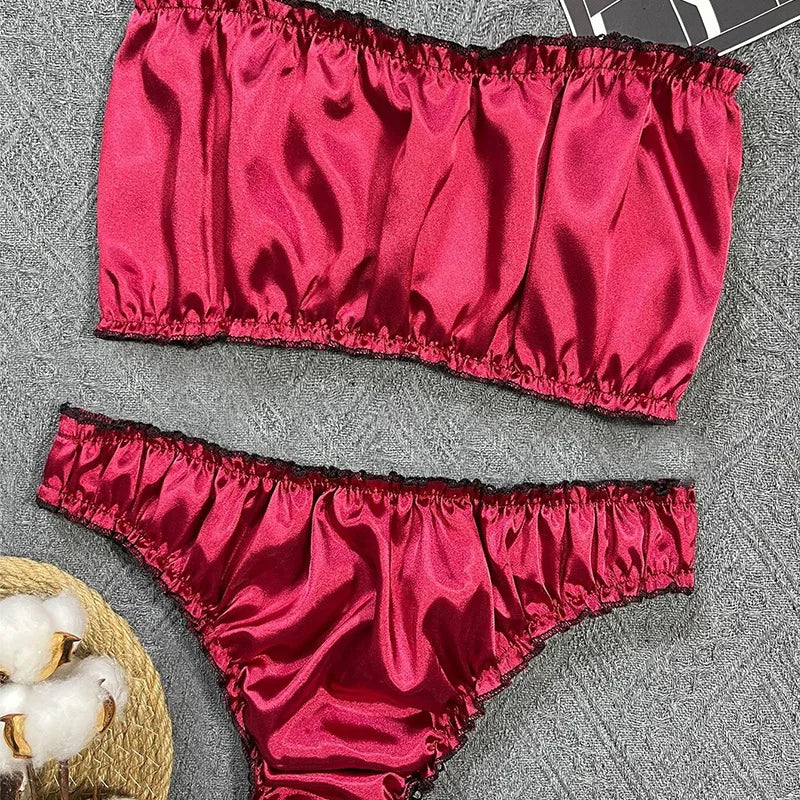 Women's Sexy Lingerie Set Black Lace Trim Strapless Tube Top + Shorts Solid Color Outfits Chest Wrap Backless Crop sleepwear