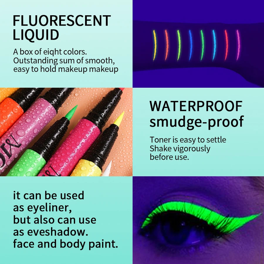 1PC UV Light Neon Eyeliner Pen Eyes Makeup Blue Green Waterproof Liquid Color Eye Liner Pencil Make Up Cosmetics Yellow Purple