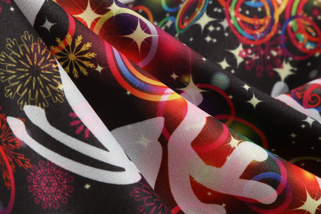 Elegant Digital Print Long Sleeve round Neck Dress with Belt Midi Skirt Large Swing Christmas Theme Cross-Border Knitted Fabric