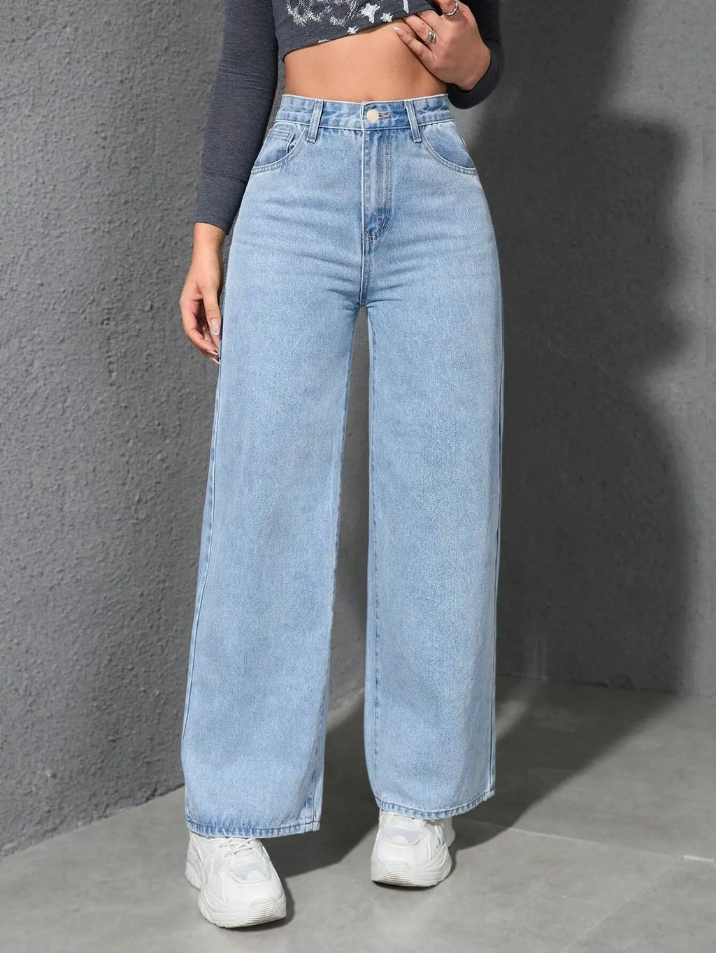 Retro Loose Wide Leg Jeans Fashion Women Solid Straight Wash High Elastic Waist Denim Pants Casual Streetwear Pocket Trousers