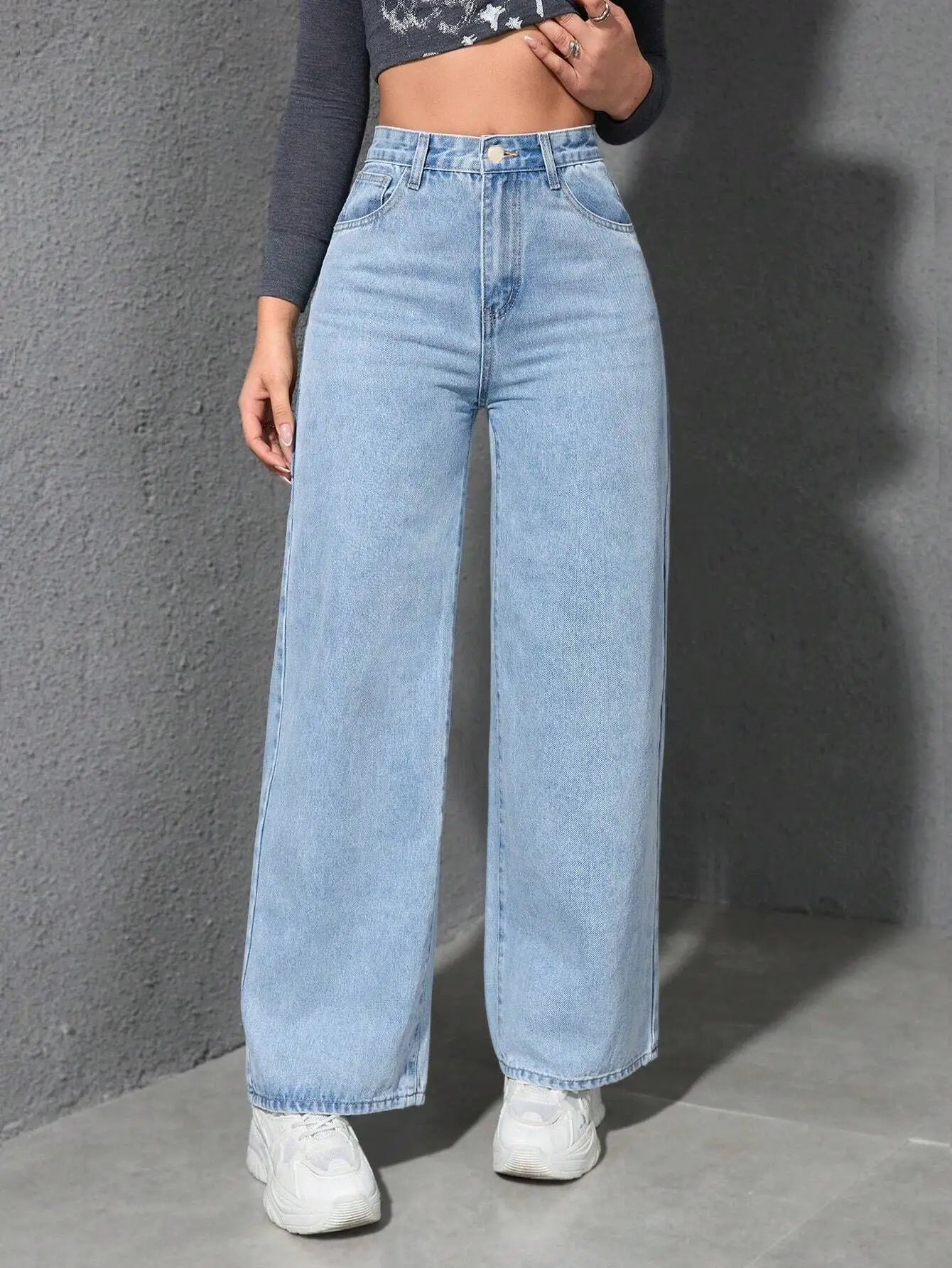 Retro Loose Wide Leg Jeans Fashion Women Solid Straight Wash High Elastic Waist Denim Pants Casual Streetwear Pocket Trousers