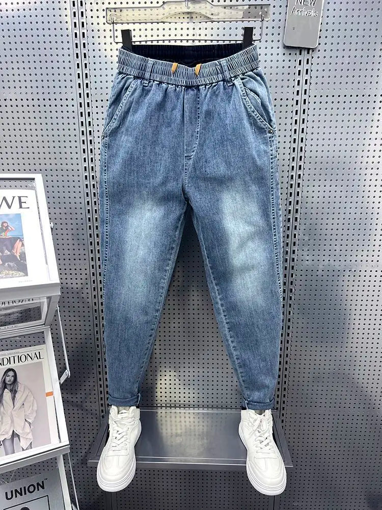 New Men's Loose Harem Jeans Elastic Waistband Slim Straight Leg Pants for Spring Autumn Low Rise Bottom Person Denim Trousers