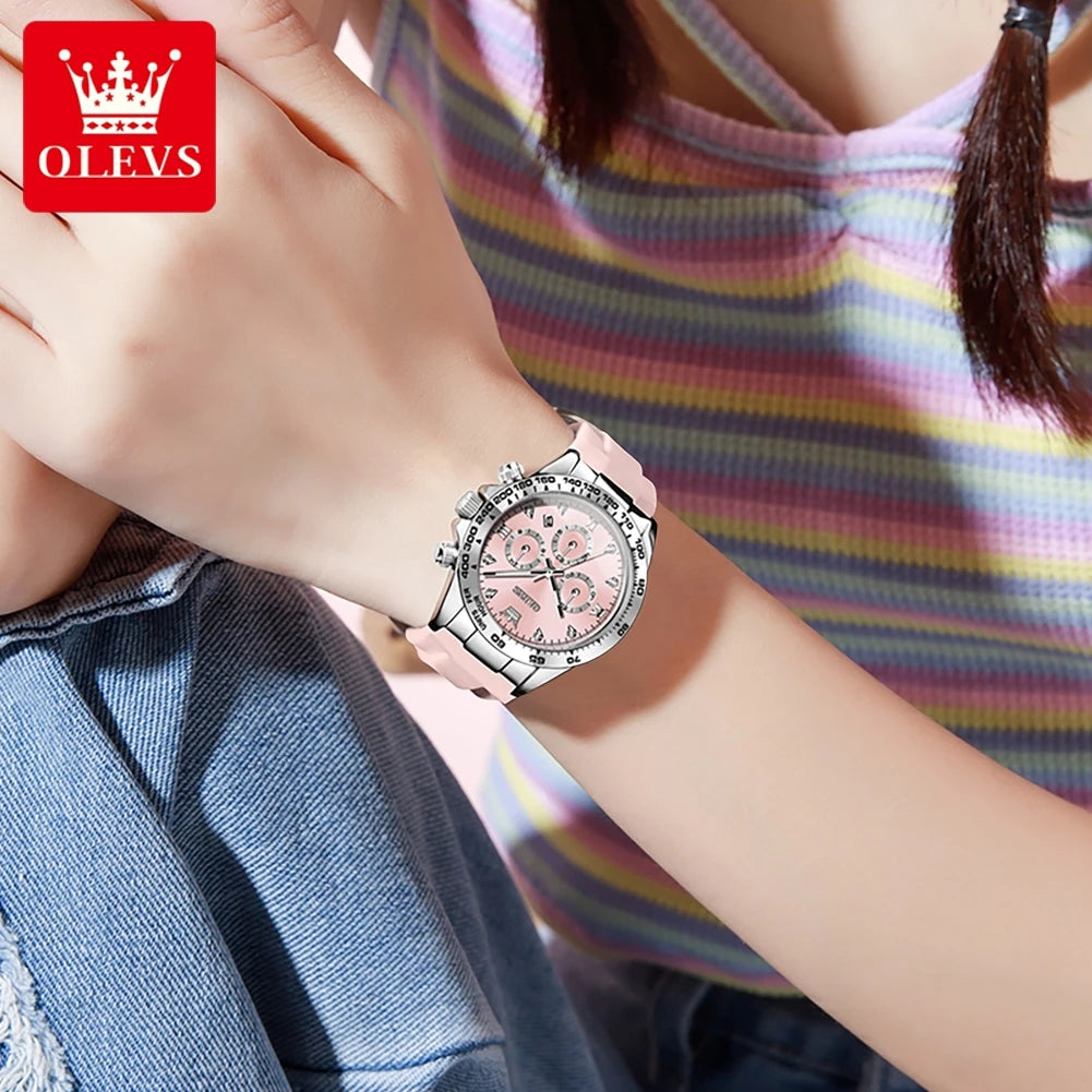 OLEVS 5618 Women Watch HD Multi functional Waterproof Luminous Chronograph Sports Silicone Strap Luxury Brand Quartz Women Watch