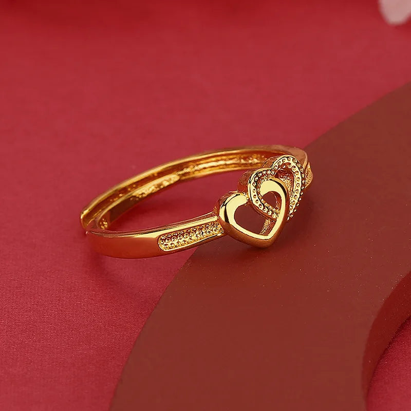 24K Gold AU999 Double Heart Jewelry | Matte hearts with glossy outlines, adjustable opening, versatile for daily wear