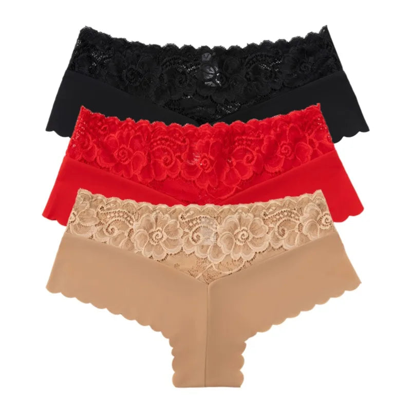 Women's 3 Pieces Panties Sexy Leopard Lace Lingerie Woman Underwear Ladies Underpants Solid Color Woman Clothing Knickers