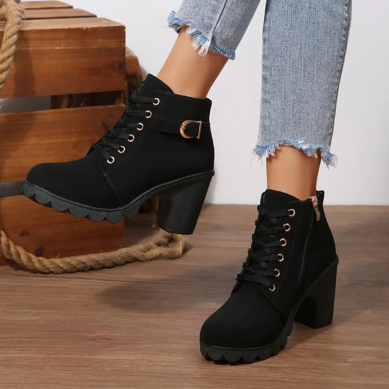 2025 Women High Heel Ankle Boots Autumn Lace Up Comfortable Short Boots Retro Fashion New Trend Lady Shoes Women Botas De Mujer