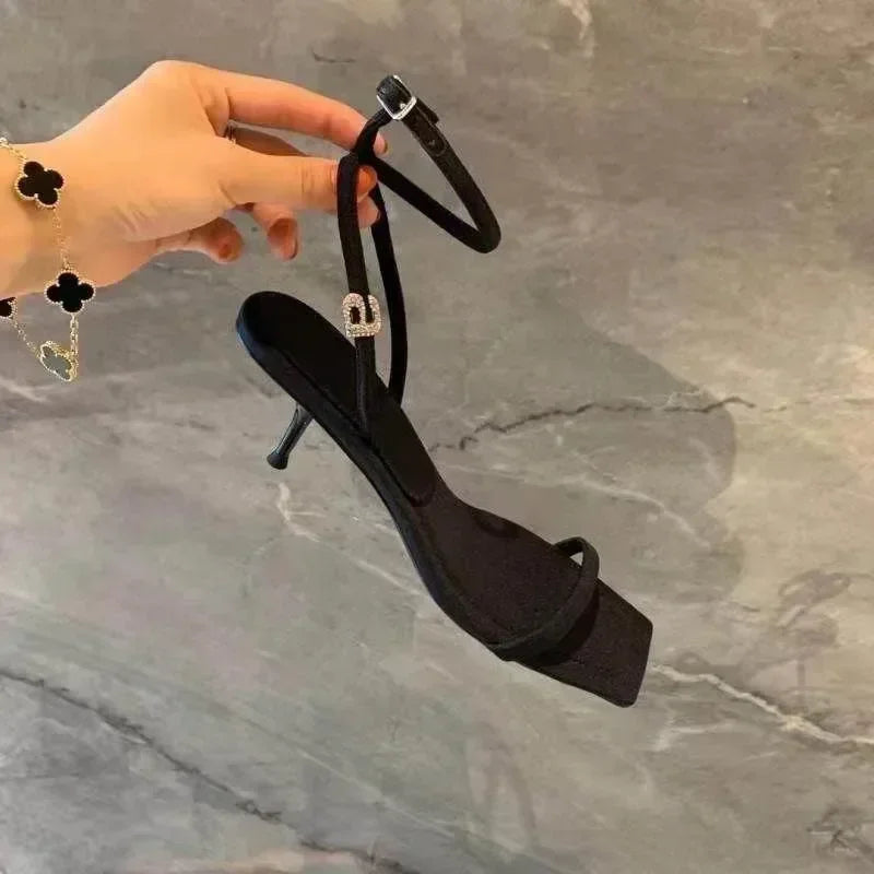 2025 Style Square Toe Women Sandals Crystal Letters Decorative Women High Heels Sexy Shoes Women's Banquet Wedding Shoes Women