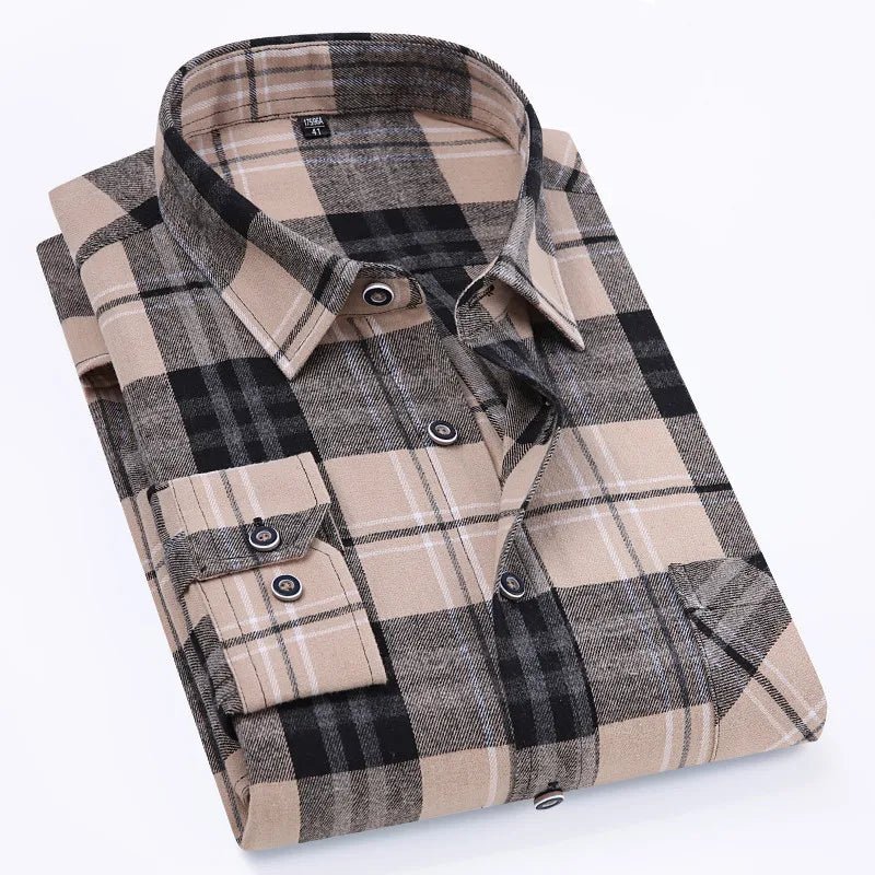 Men's 100% Pure Cotton Flannel Soft Regular-fit Long Sleeve Brushed Shirt Single Pocket Comfortable Casual Plaid Shirts 11XL-9XL