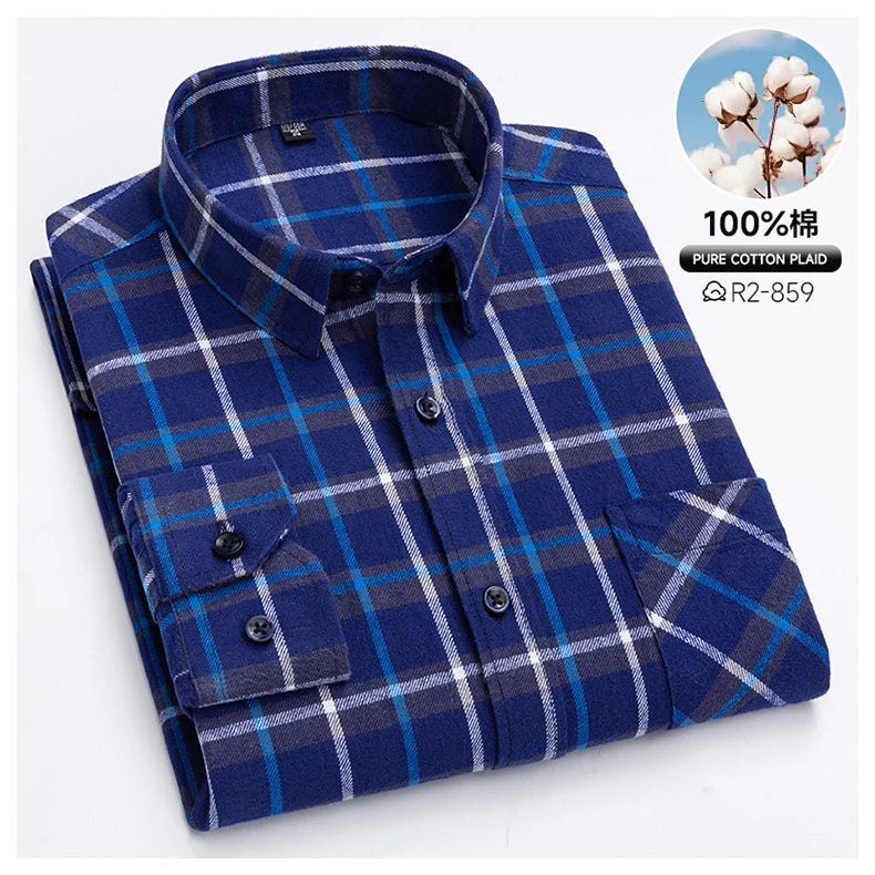 Pure Cotton Men's Plaid Shirts Long Sleeved Regular Fit Casual Office Fashion Shirts Leisure Autumn Male Check Blouses Plus Size