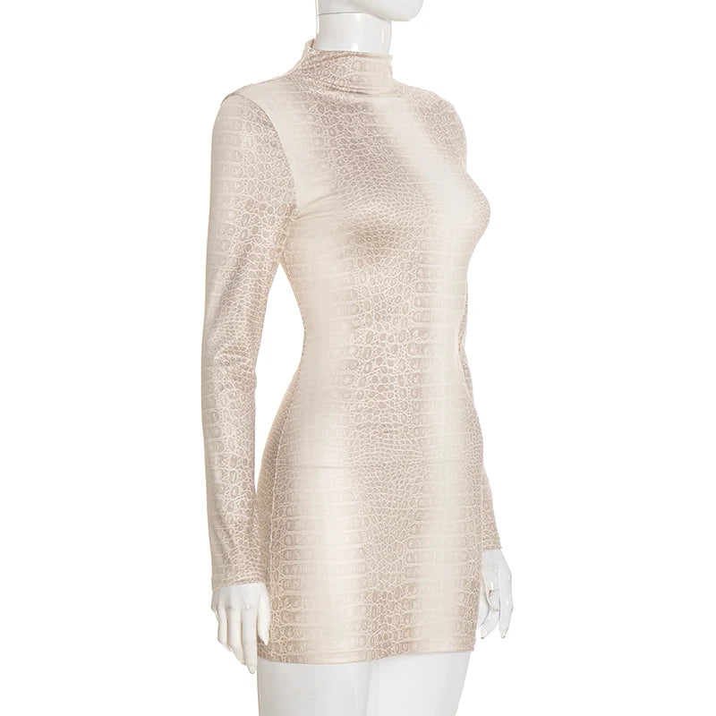 CUTENOVA Fall New Arrival Hottie Girl Long-Sleeve Fitted Snake Print Stand Collar Bodycon Mini Dress Elegant Stylish Streetwear