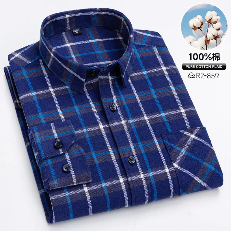 Pure Cotton Men's Plaid Shirts Long Sleeved Regular Fit Casual Office Fashion Shirts Leisure Autumn Male Check Blouses Plus Size