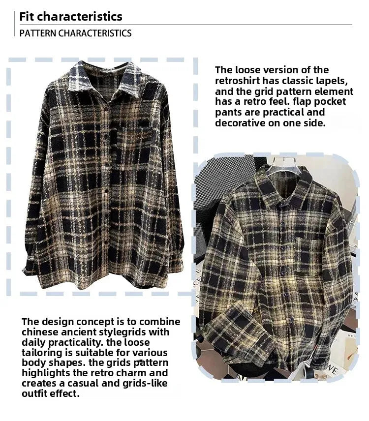Retro American Plaid Long Sleeve Shirt Women's Lazy Style Loose Slimming Versatile Flannel Coat with Pocket Full Length Button u