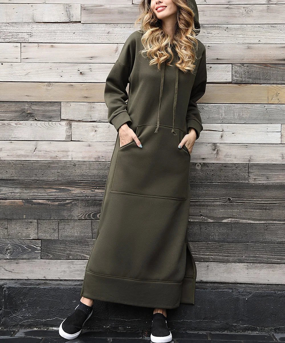 Autumn Winter New plus Size Loose Knitted Long Dress Hoodie Fleece Casual Fashion Dress Large Pocket Skirt Elegant Commute