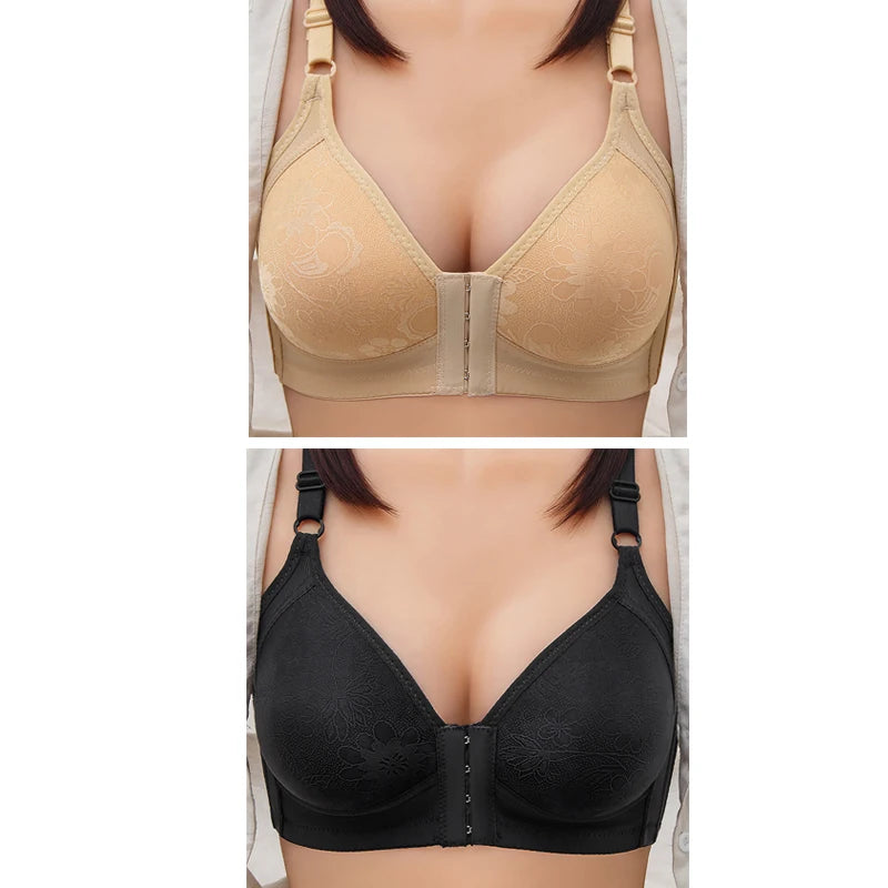 2pcs Womens Front Clasp Full Cup Bras No Steel Ring Support Lace Bralettes Large Size Mom Brassiere Comfort Ventilate Underwears