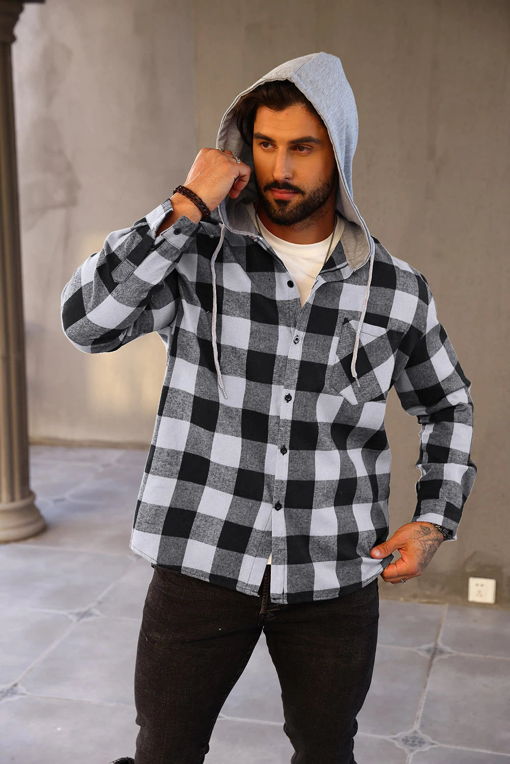 Mens Colorful Plaid Hooded Cardigan Color Block Sweatshirt with Pockets Top Jacket