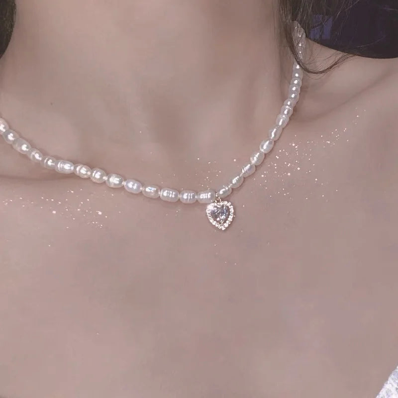 1PC Fashion Korean Style Freshwater Pearl Necklace For Women Gentle Vintage Clavicle Chain Zircon Pendant Necklace Party Jewelry