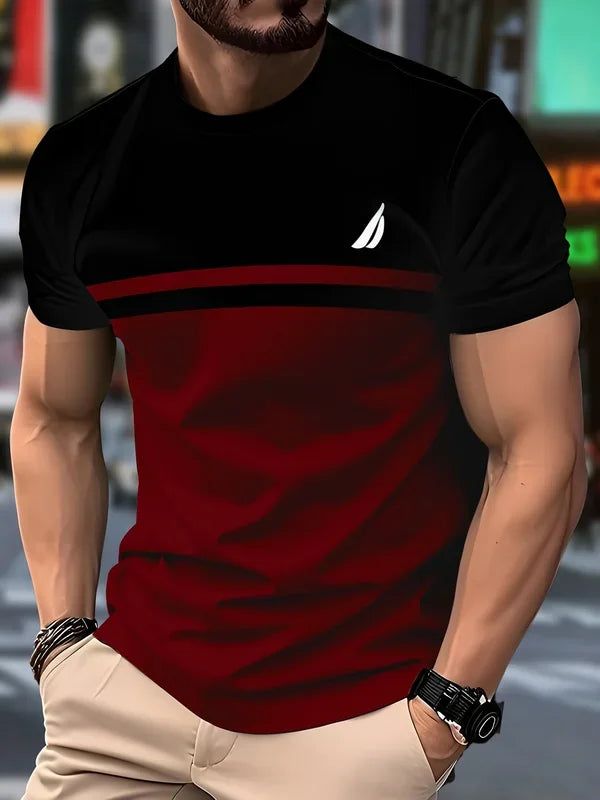 New 3D round-neck men's T-shirt, made of casual polyester knitted fabric, elastic and light, regular fit, striped pattern