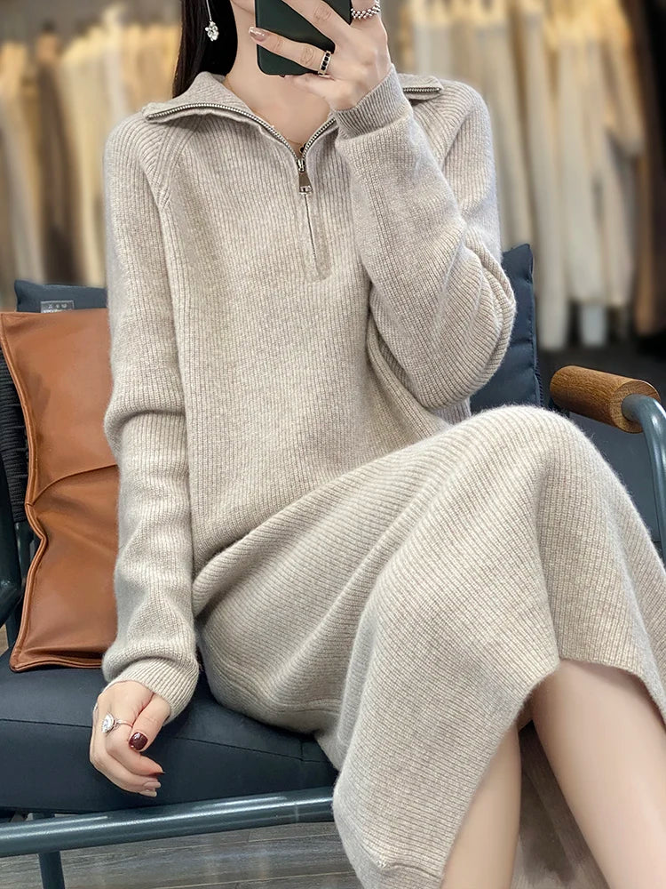 Thick Zipper Mock Neck Chic Elegant Soft Warm Striped Basic Comfort Women's  One-piece Dress 100% Merino Wool Exquisite Sweater