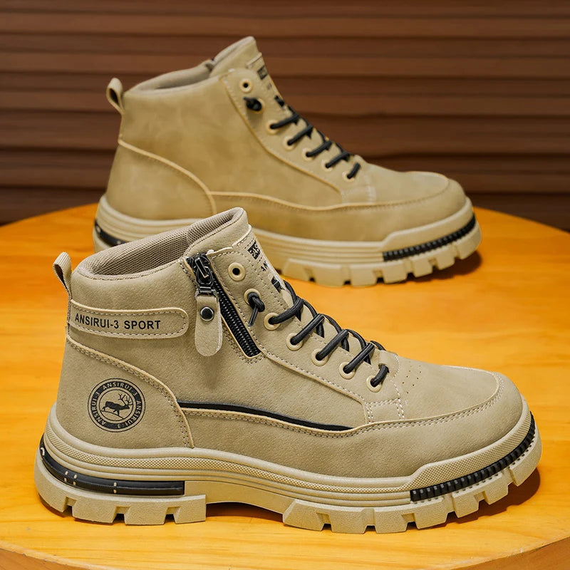 2025 A/W New Men's Mid-High Top Outdoor Work Boots - Zip-Up, Hiking Casual Sports Mountaineering Style