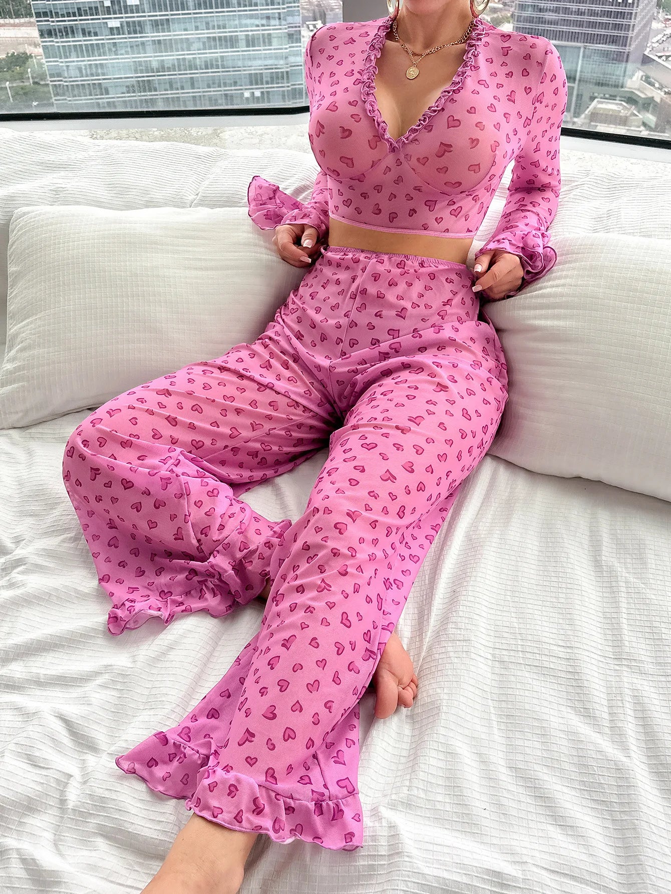 Sexy Lingerie Suit for Women Valentine's Day Passion Uniform Love Print Long-sleeved Trousers Pajamas Set Perspective