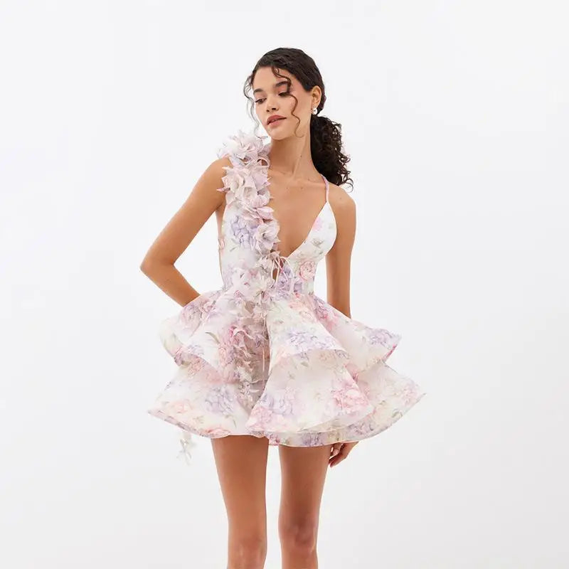 Chic Floral Printed Mini Dress Backless Sleeveless Hem Stacking Dresses Sweet A Line Vestidos 2025 New Lady Party Club Clothing