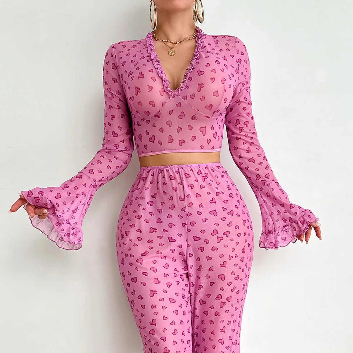 Sexy Lingerie Suit for Women Valentine's Day Passion Uniform Love Print Long-sleeved Trousers Pajamas Set Perspective