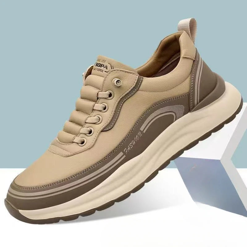 Brand Men's PU Leather Casuals Tendon Sole Lace Up Platform Work Shoes Low Top Light Non-slip Outdoor Versatile Vulcanized Shoes