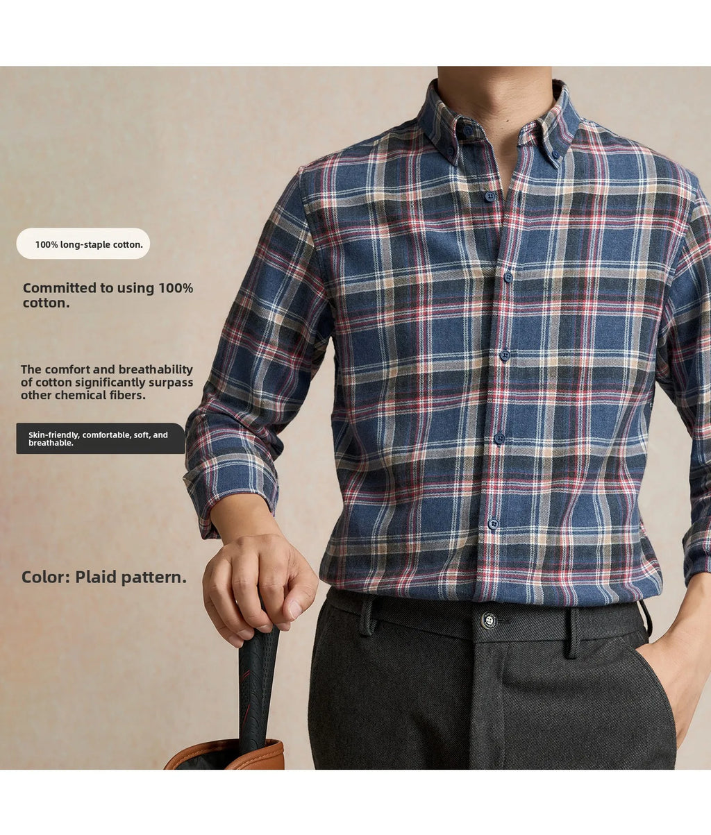 Men's Plaid Long Sleeve Shirt Fleece Finish Casual Style High End Feeling Autumn Winter Collection Fashionable Youth Urban Wear
