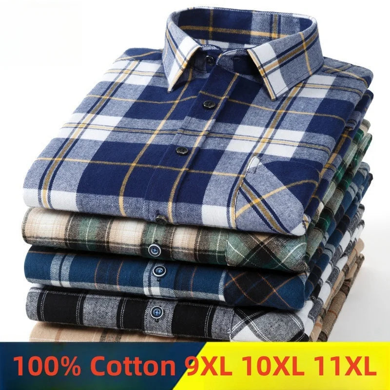 Plaid Flannel Shirts For Men Long Sleeve 100%Cotton Fashion Casual Soft Standard-Fit Man Blouse Clothes Men's clothing 10XL 11XL