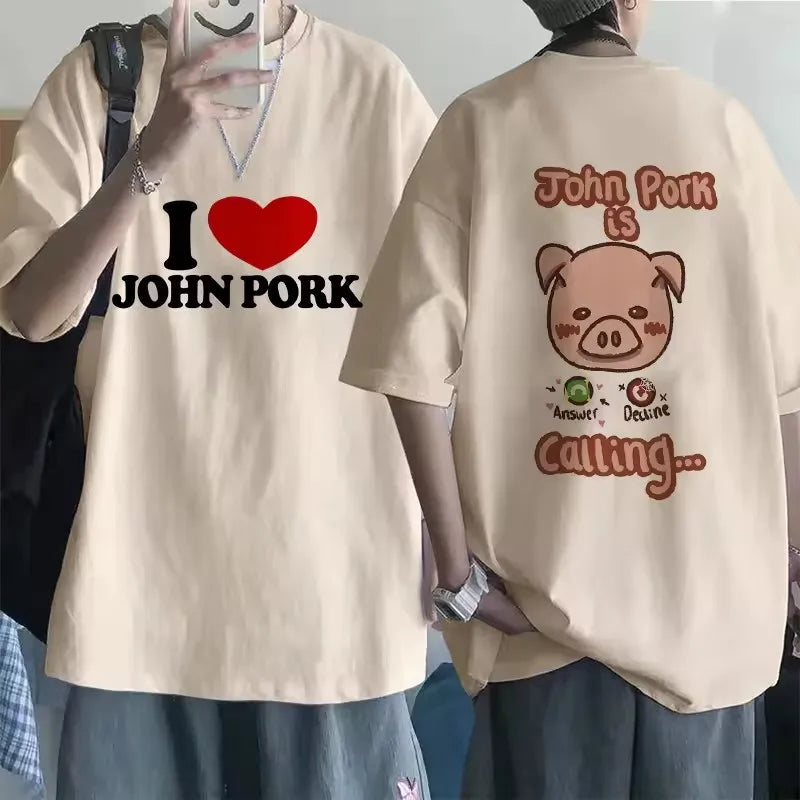 Funny John Pork Is Calling Answer Call Phone Tee Shirt for Men Women Pig Tops Tshirt Gothic Hip Hop T-shirt Streetwear Clothes