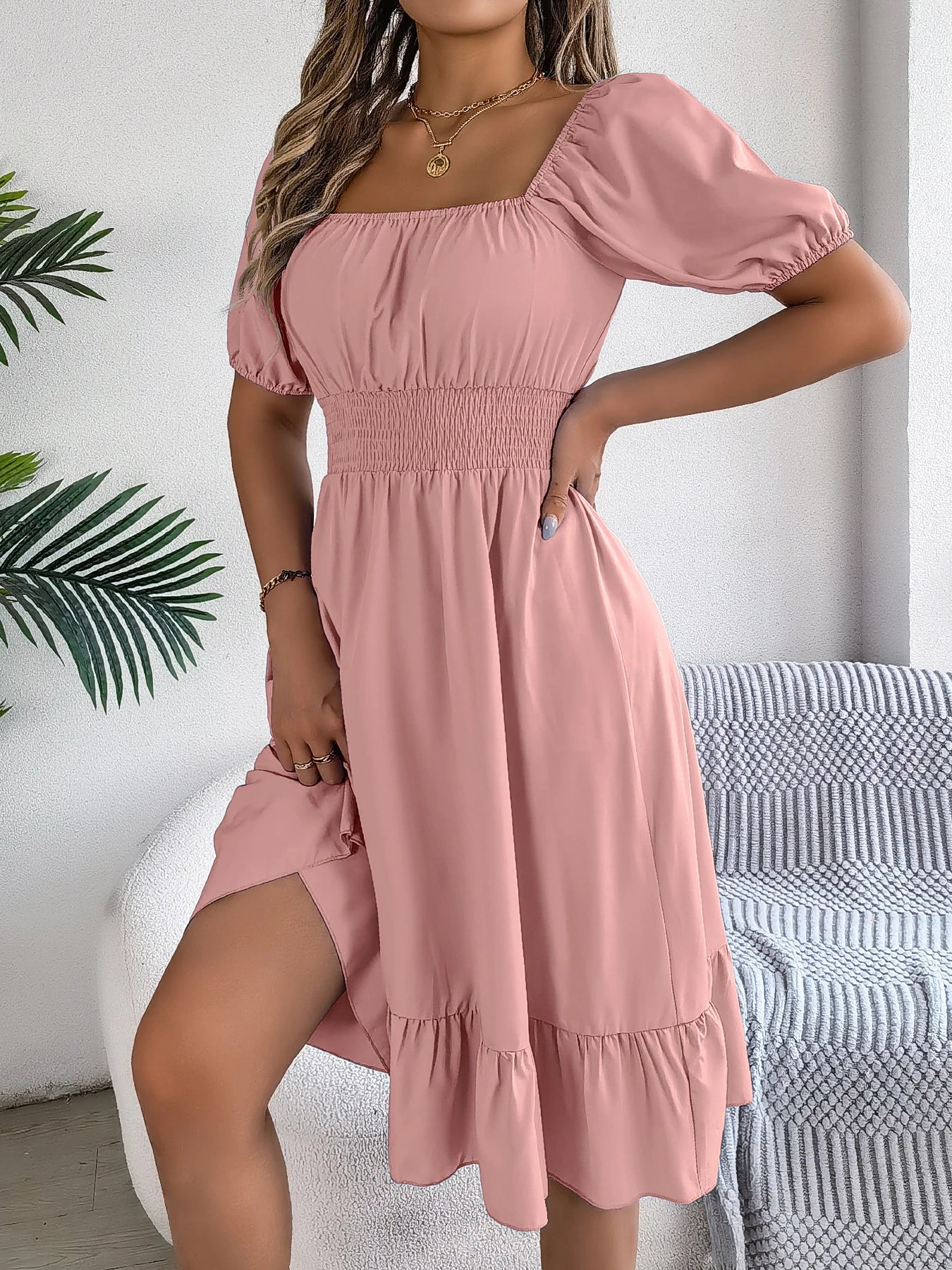 Spring Summer Elegant High Waisted Dress Square Neck Short Sleeved Ruffled Edge Long Dresses for Women 2026 Valentine's Day