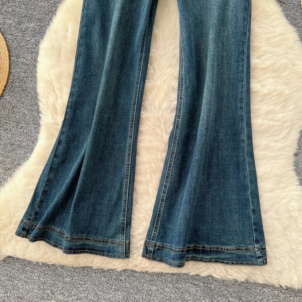 SINGREINY Female Do Old Vintage Jeans Zipper Casual Trendy Street Long Pants Chic High Waist Classic Versatile Boot Cut Trousers