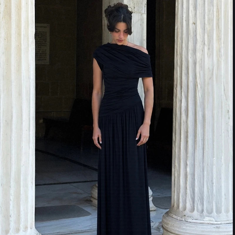 Hugcitar One Shoulder Ruched Sleeveless Solid Pleated Sexy Irregular Y2K Maxi Dress Summer Elegant Party Women Clothes Vacation