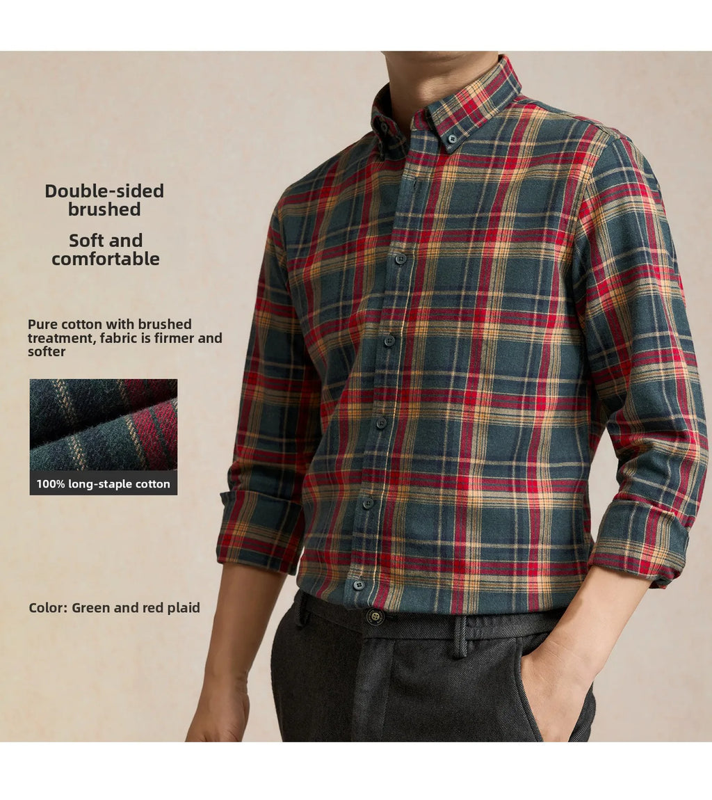 Men's Plaid Long Sleeve Shirt Fleece Finish Casual Style High End Feeling Autumn Winter Collection Fashionable Youth Urban Wear