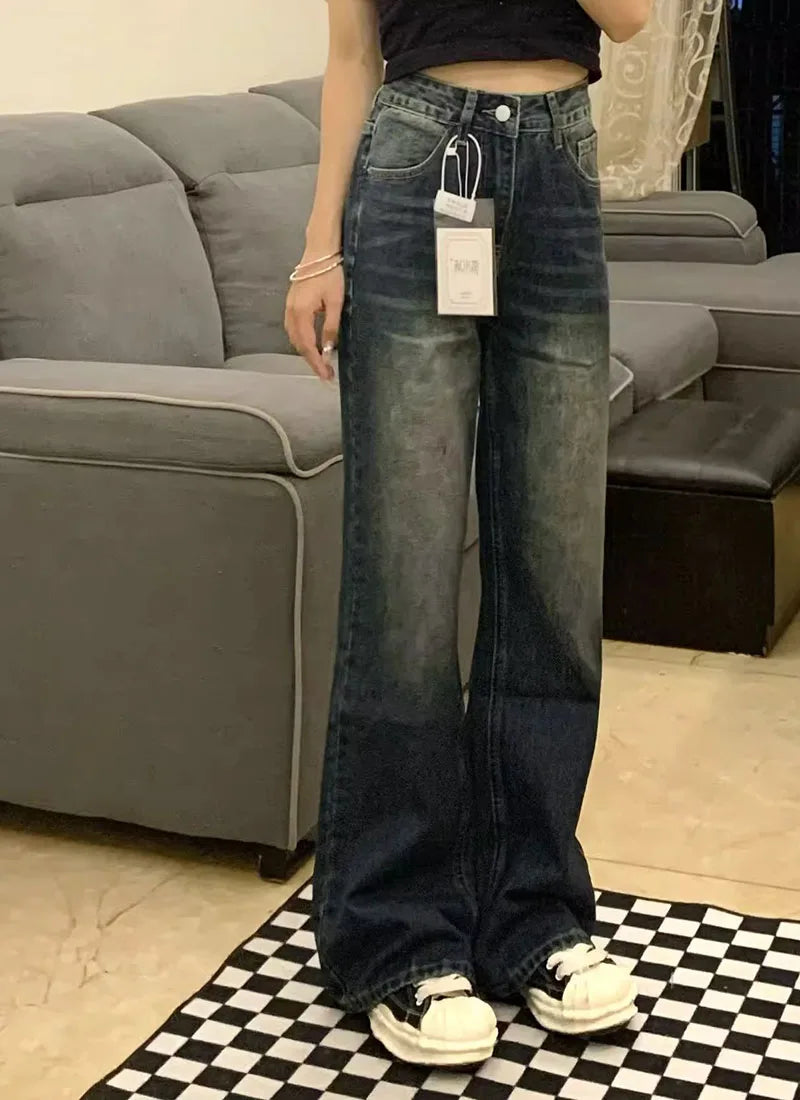 Retro Micro Denim Pants Women Jeans Straight Fit Spring-autumn Style Pear-shaped Figure Large Size High Waist Slimming Effect