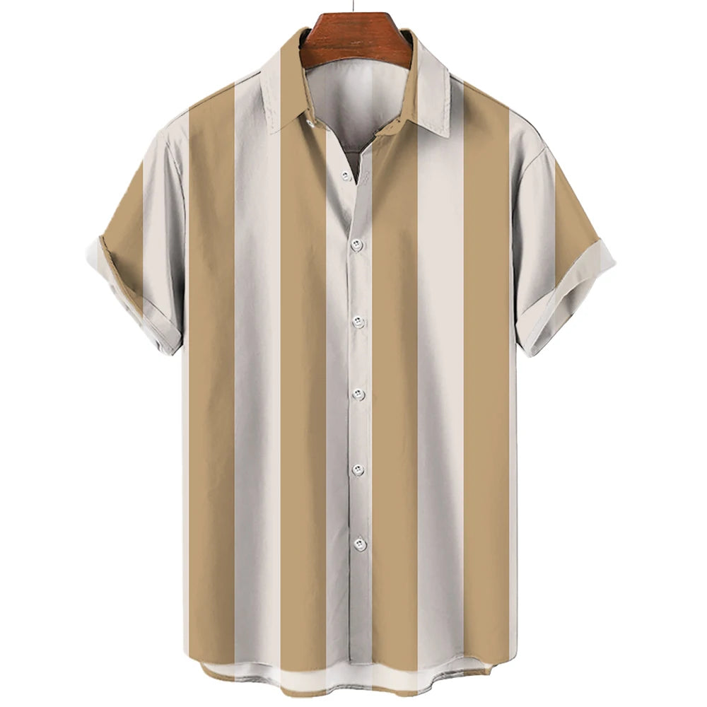 Men's Hawaiian Shirt Summer Stripes Print Short Sleeve Top Tees Fashion Casual Social Shirts Lapel Button Oversized Men Clothing