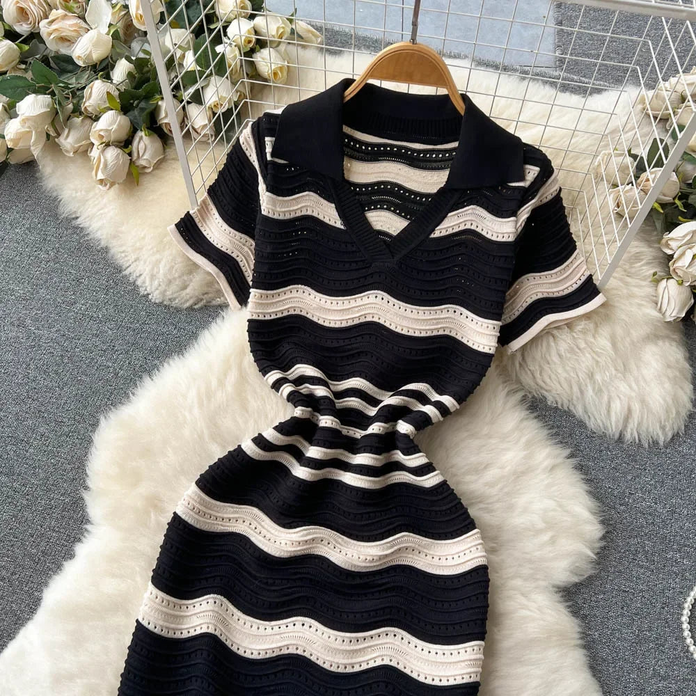 Short Sleeves Striped Long Dress Lapel Neck Hollow Out Slim Bodycon Sundress Fashion Hotsweet Knitted Beach Midi Dress