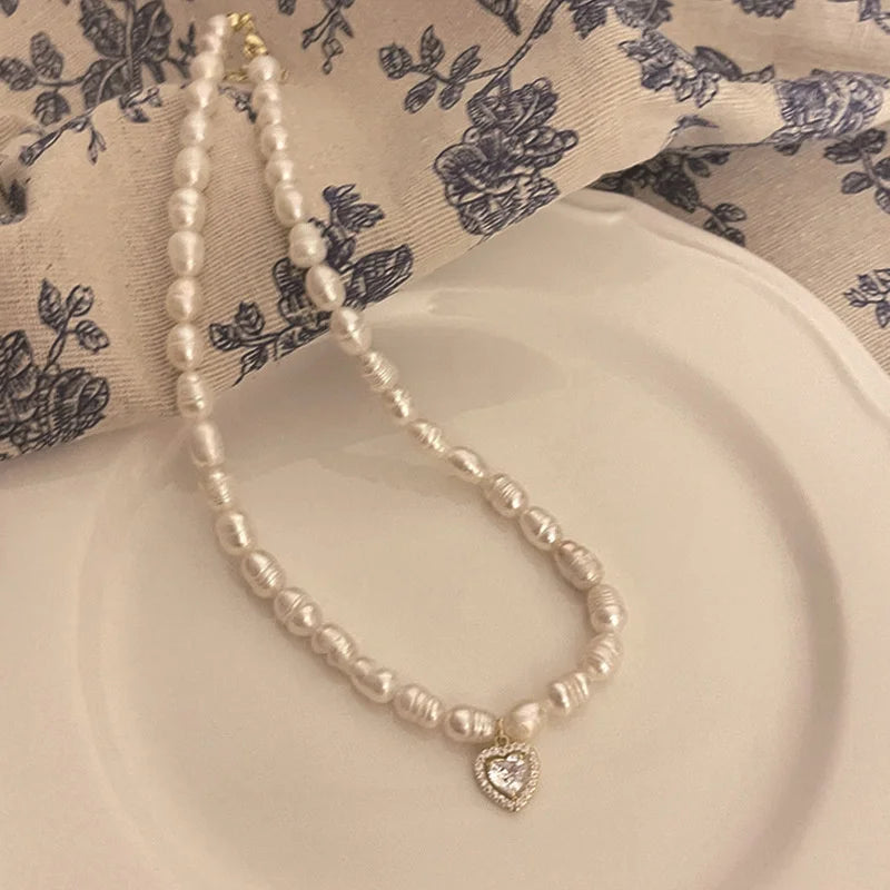 1PC Fashion Korean Style Freshwater Pearl Necklace For Women Gentle Vintage Clavicle Chain Zircon Pendant Necklace Party Jewelry
