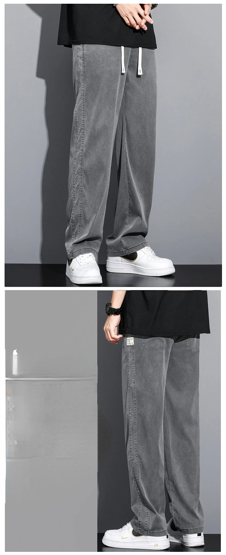 High Quality Summer Lyocell Fabric Men's Jeans Thin Straight Pants Drawstring Elastic Waist Korea Casual Trousers Plus Size