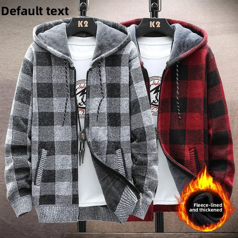 Men's Hooded Thickened Fleece Knitwear Casual Outerwear Winter Warm Plaid Cardigan Coat Large Size Comfortable Street Style
