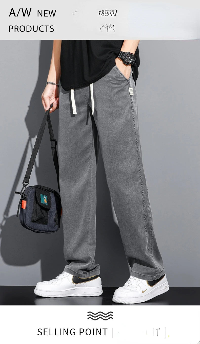 High Quality Summer Lyocell Fabric Men's Jeans Thin Straight Pants Drawstring Elastic Waist Korea Casual Trousers Plus Size