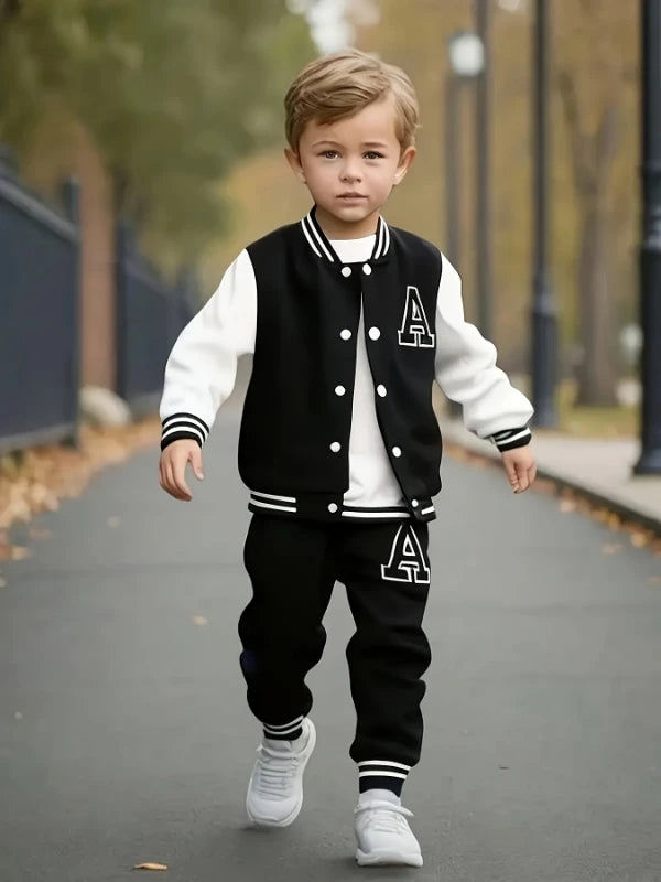 Boys' Black and White Letter "A" Varsity Jacket and Sweatpants Two-Piece Set