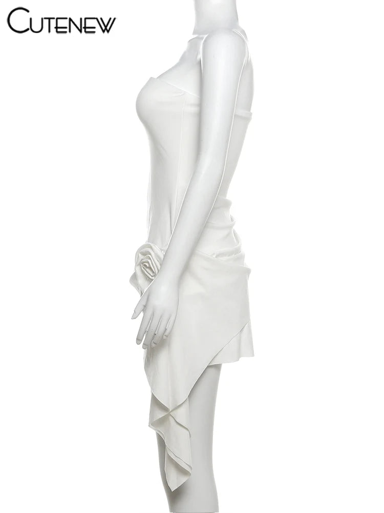 Nibber Floral Solid Mini Dress Women Basic Trend Birthday Party Chic Irregular Strapless Cross Sheath Vestidos Concise Clothing