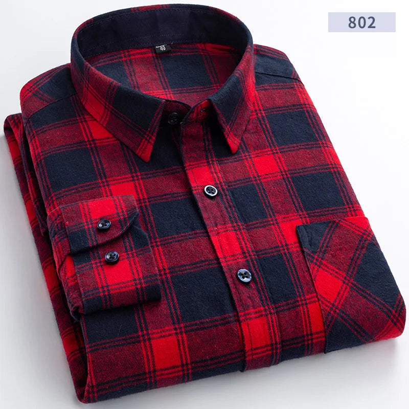 Cotton Flannel Mens Checkered Shirts Long Sleeve Soft Plaid Shirt for Men Leisure Classical Vintage Comfortable Man Clothing New