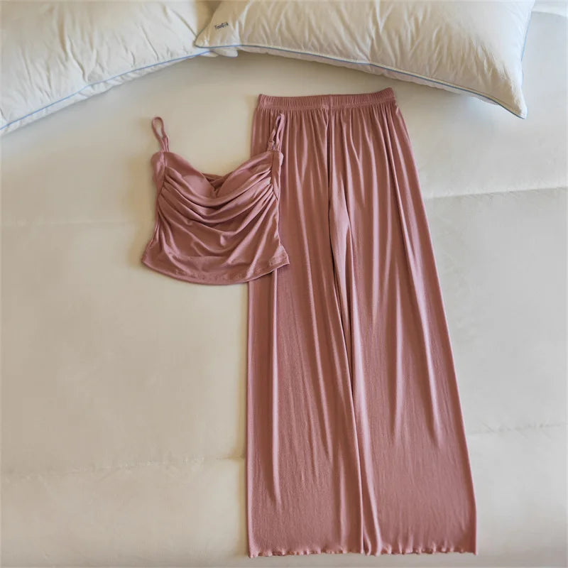 Sexy Lingerie Trousers Sets New Modal Sleepwear Women's Spring Summer Camisole Pants Two-piece Set Chest Pad Home Wear Pajamas