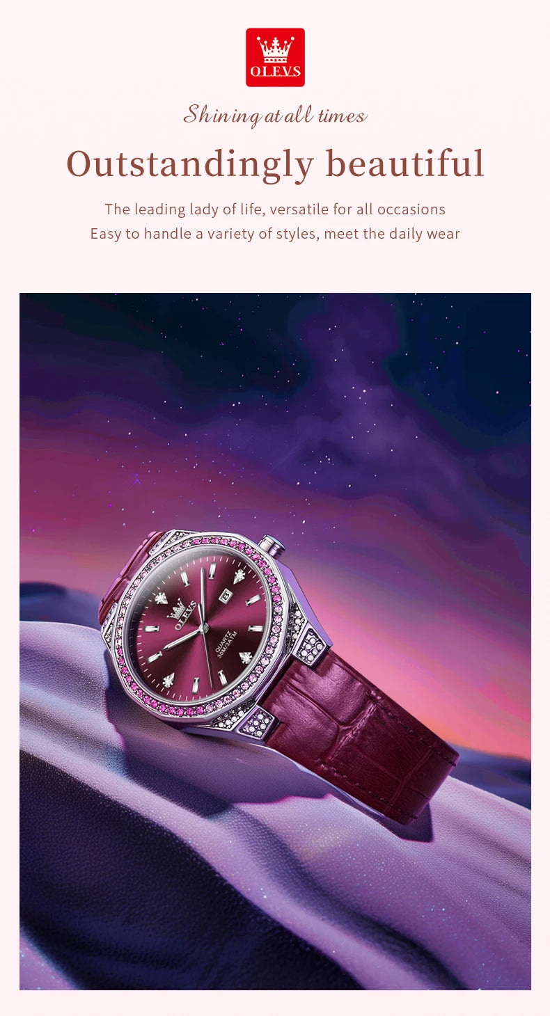 OLEVS NEW Women's Watches Pink Leather Strap Full Diamond New Style Date Waterproof Original Quartz Watch for Girl Fashion