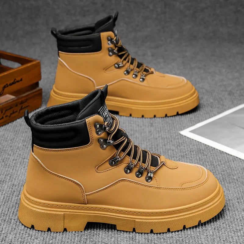 New Men's Leather Boots Brand Retro Comfortable Boots for Men 2025 Fashion High Top Non Slip Casual Shoes Business Work Shoes